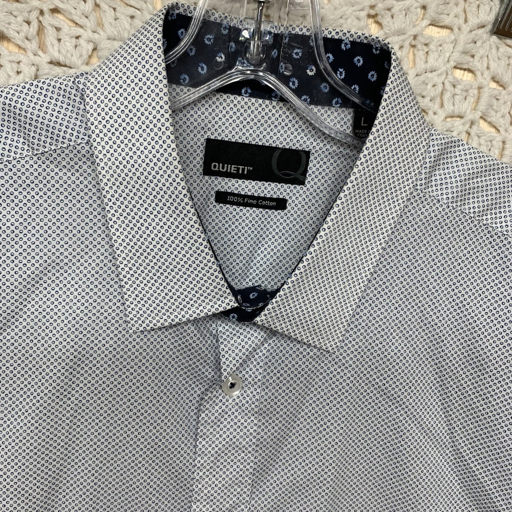 Quieti Shirt Mens Sz L Blue White Geometric 100%Fine Cotton Button Up Long Sleev